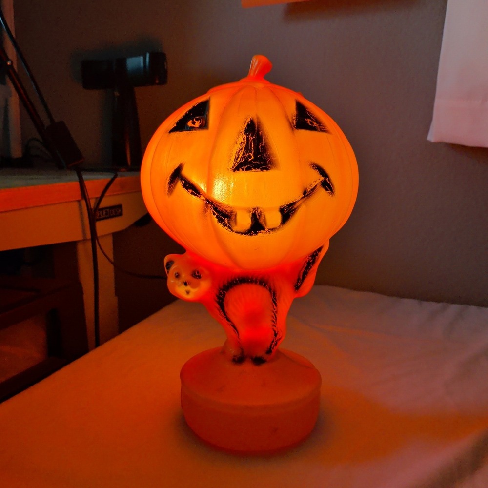 Vintage Halloween Blow Mold Pumpkin Jack O Lantern Black Cat Table Lamp Light